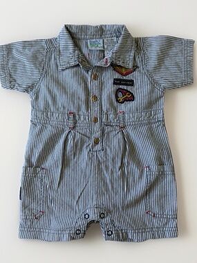 Vintage Baby Boy Mechanic Romper Hickory Stripe Shortall Simply Basic 18M